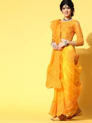 Mustard embroidered organza saree with blouse 3