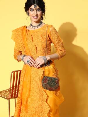 Mustard embroidered organza saree with blouse 4