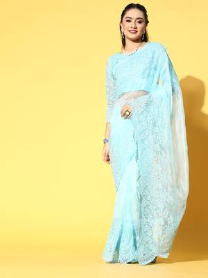 Sky Blue Embroidered Organza Saree With Blouse 1