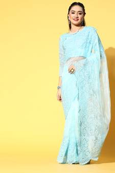 Sky Blue Embroidered Organza Saree With Blouse