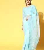 Sky Blue Embroidered Organza Saree With Blouse