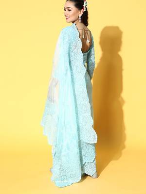 Sky Blue Embroidered Organza Saree With Blouse 2