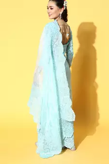 Sky Blue Embroidered Organza Saree With Blouse