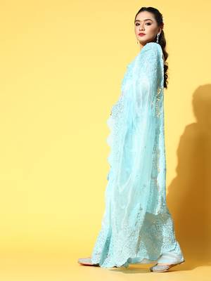 Sky Blue Embroidered Organza Saree With Blouse 3