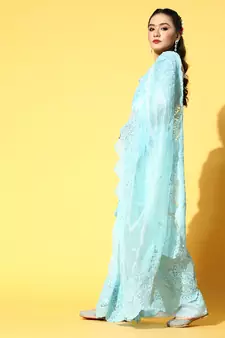 Sky Blue Embroidered Organza Saree With Blouse