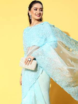 Sky Blue Embroidered Organza Saree With Blouse 4