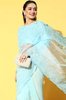 Sky Blue Embroidered Organza Saree With Blouse