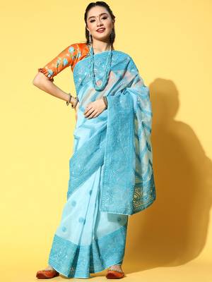 Aqua Blue Embroidered Organza Saree With Blouse 1