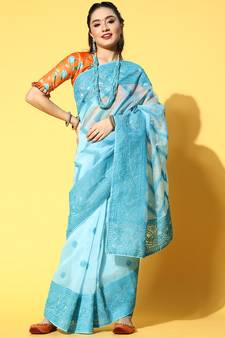 Aqua Blue Embroidered Organza Saree With Blouse