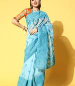 Aqua Blue Embroidered Organza Saree With Blouse
