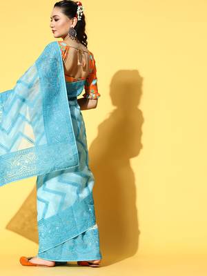 Aqua Blue Embroidered Organza Saree With Blouse 2