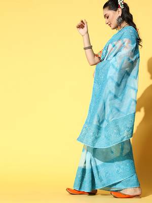 Aqua Blue Embroidered Organza Saree With Blouse 3