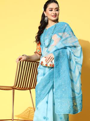 Aqua Blue Embroidered Organza Saree With Blouse 4