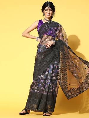 Black Embroidered Organza Saree With Blouse 1