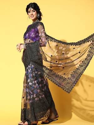 Black Embroidered Organza Saree With Blouse 3