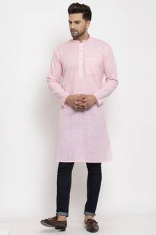 Men Pink Self Check Woven Design Straight Kurta
