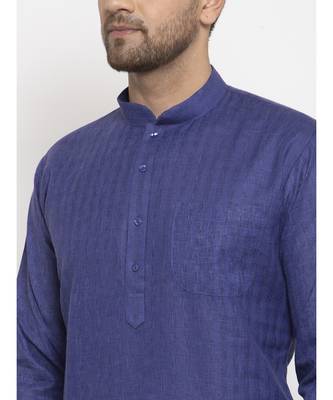 Men Royal Blue Self Check Woven Design Straight Kurta 2