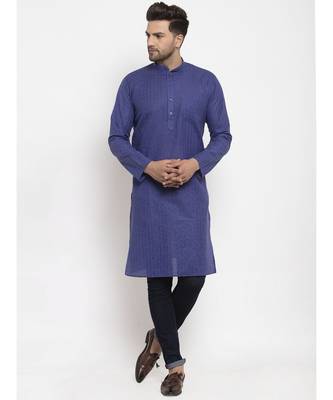 Men Royal Blue Self Check Woven Design Straight Kurta 3