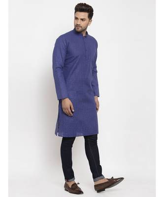 Men Royal Blue Self Check Woven Design Straight Kurta 4