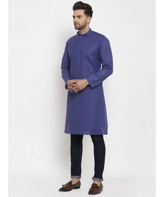 Men Royal Blue Self Check Woven Design Straight Kurta 1