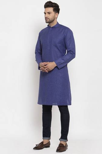 Men Royal Blue Self Check Woven Design Straight Kurta