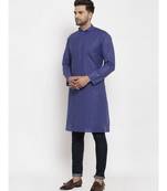 Men Royal Blue Self Check Woven Design Straight Kurta