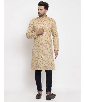 Men Beige Cotton Printed Straight Kurta 1