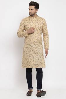 Men Beige Cotton Printed Straight Kurta