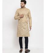 Men Beige Cotton Printed Straight Kurta