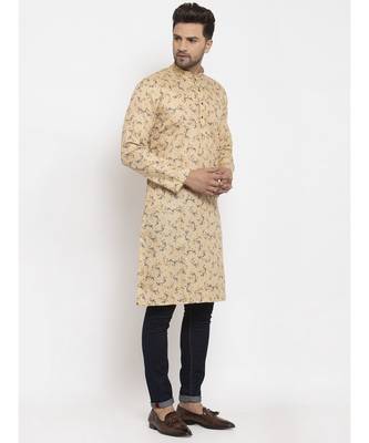 Men Beige Cotton Printed Straight Kurta 2