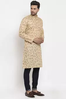 Men Beige Cotton Printed Straight Kurta