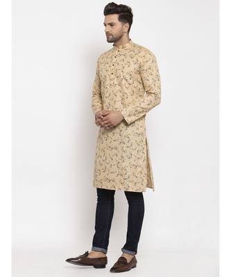 Men Beige Cotton Printed Straight Kurta 3