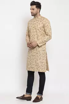 Men Beige Cotton Printed Straight Kurta