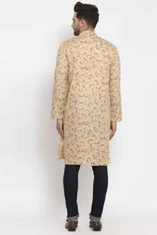 Men Beige Cotton Printed Straight Kurta