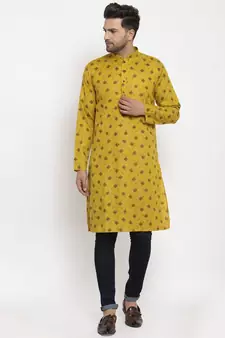 Men Olive Cotton Printed Straight Kurta