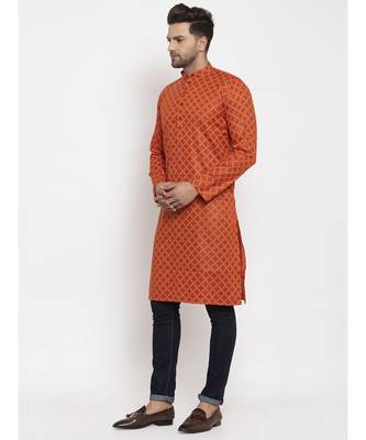 Men Orange Cotton Printed Straight Kurta 1