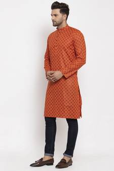 Men Orange Cotton Printed Straight Kurta