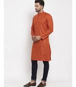 Men Orange Cotton Printed Straight Kurta