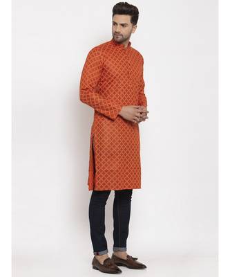 Men Orange Cotton Printed Straight Kurta 2