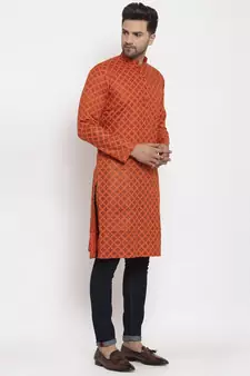 Men Orange Cotton Printed Straight Kurta