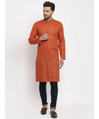 Men Orange Cotton Printed Straight Kurta 3