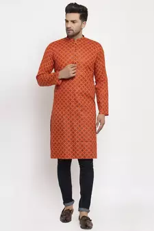 Men Orange Cotton Printed Straight Kurta