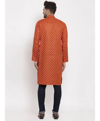 Men Orange Cotton Printed Straight Kurta 4