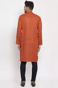 Men Orange Cotton Printed Straight Kurta