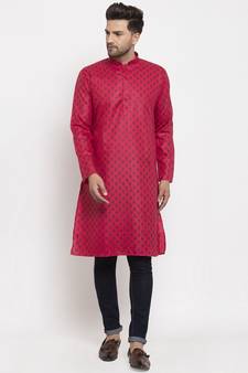 Men Pink Cotton Printed Straight Kurta