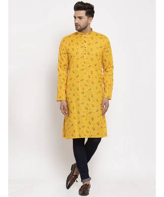 Men Yellow Cotton Printed Straight Kurta 1