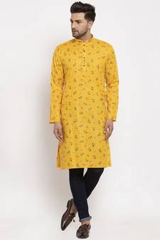 Men Yellow Cotton Printed Straight Kurta