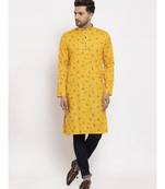 Men Yellow Cotton Printed Straight Kurta