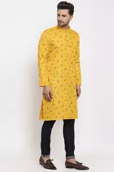 Men Yellow Cotton Printed Straight Kurta