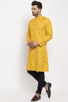 Men Yellow Cotton Printed Straight Kurta